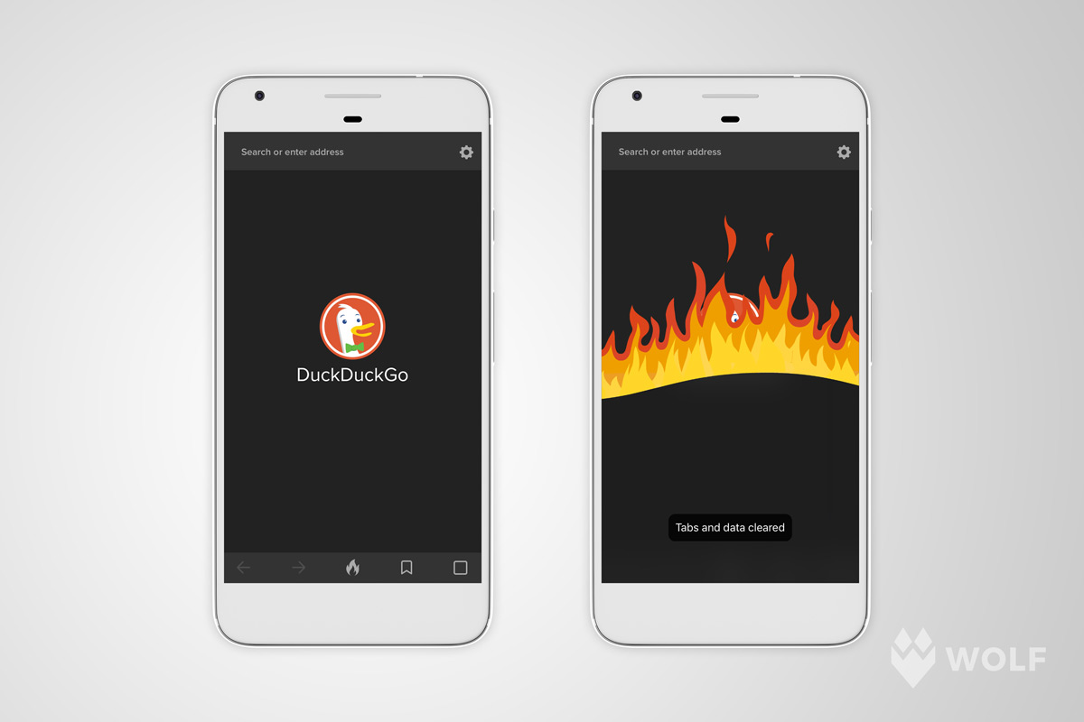 DuckDuckGo browser mobile app showing a flame clearing search history