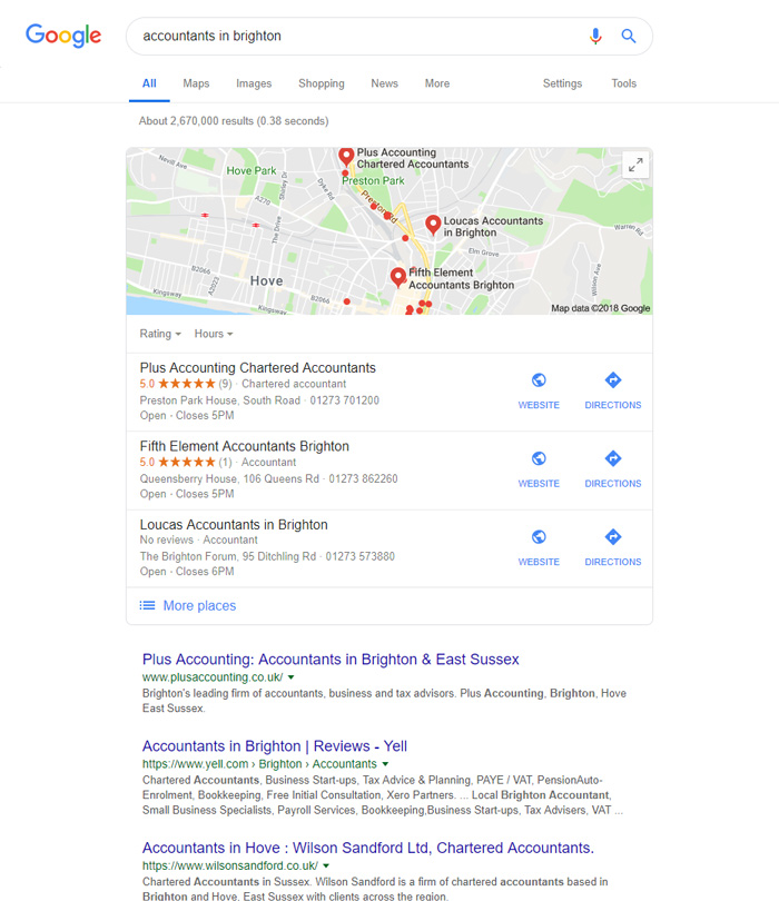 Google Local SEO search for accountants in Brighton
