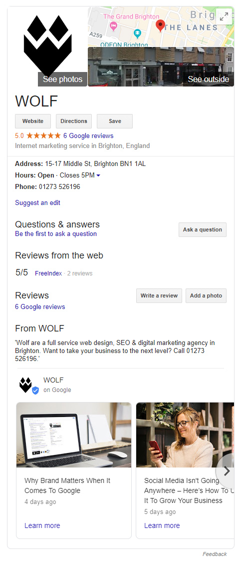 Wolf Agency Brighton Google search results my business knowledge panel